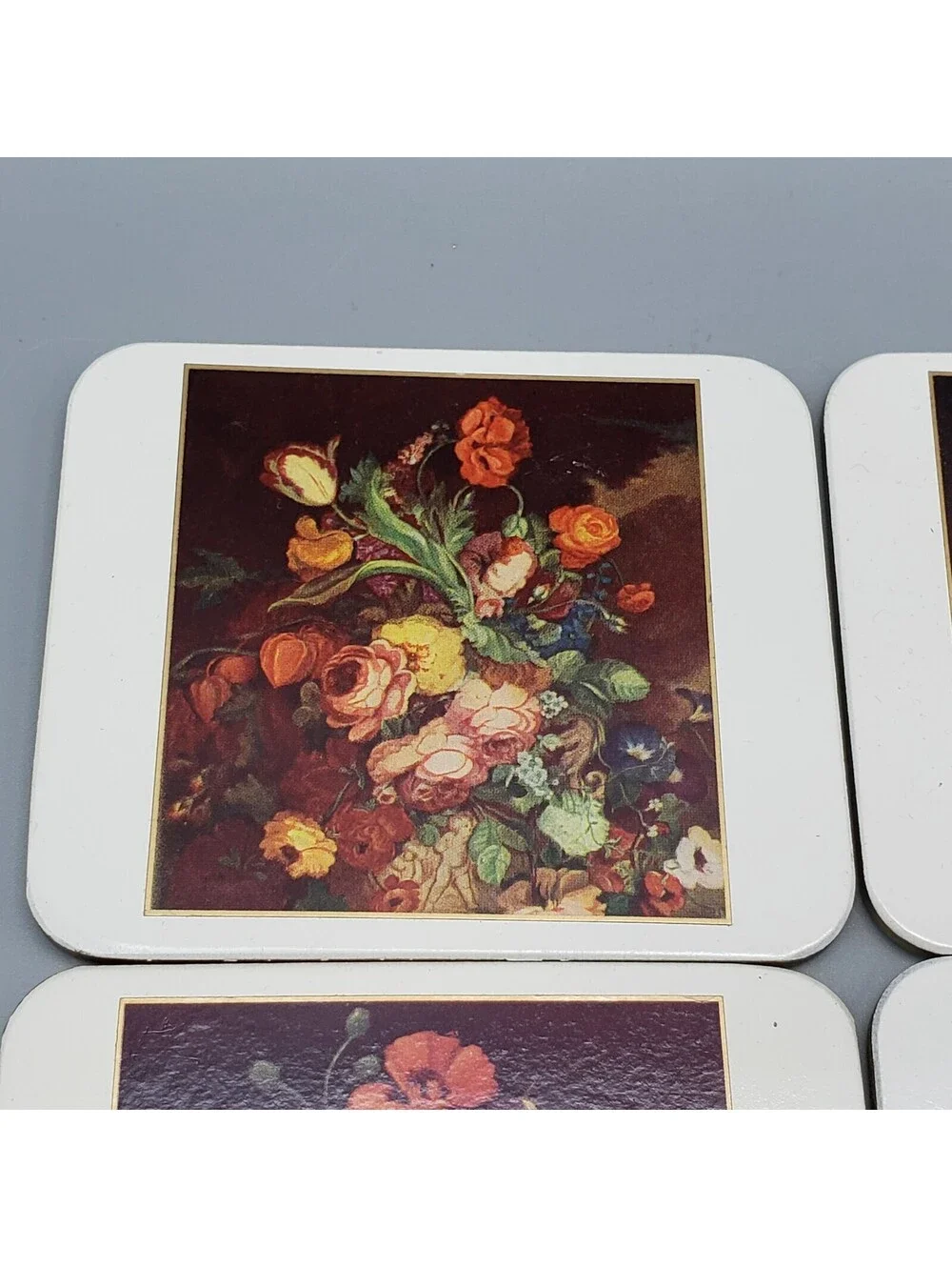 Vintage Paper Backed Coasters Antique Floral Arrangements Set of 5